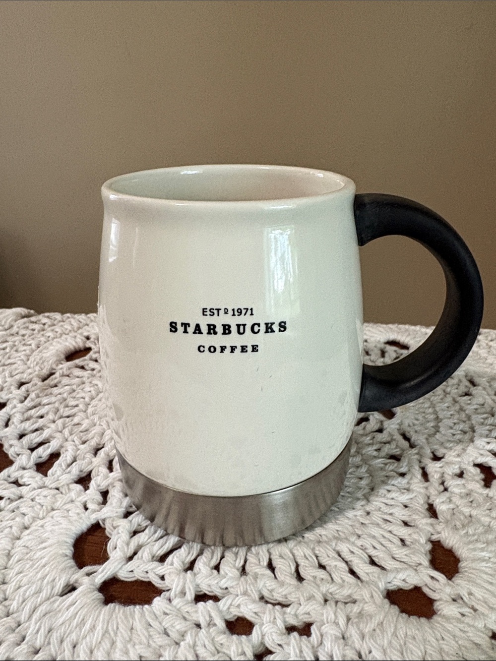 Starbucks 2007 White Mug with Black Handle and Silver Base
